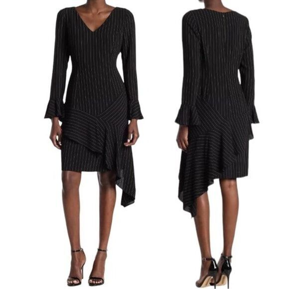 New Focus by Shani Pinstriped Asymmetrical Dress with Ruffle Hem Bell Sleeves 4 - Picture 9 of 10